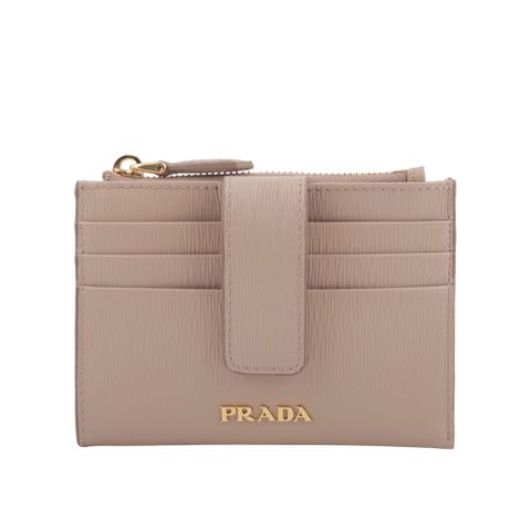 PRADA 普拉達 金色Logo 水波紋釦式卡夾/拉鍊零錢包(藕粉色)