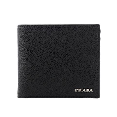 PRADA 銀字Logo 粒紋牛皮對開零錢袋短夾(黑色)