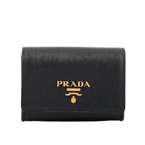 PRADA 普拉達 浮雕Logo 水波紋皮革翻蓋卡夾/零錢包(黑色)