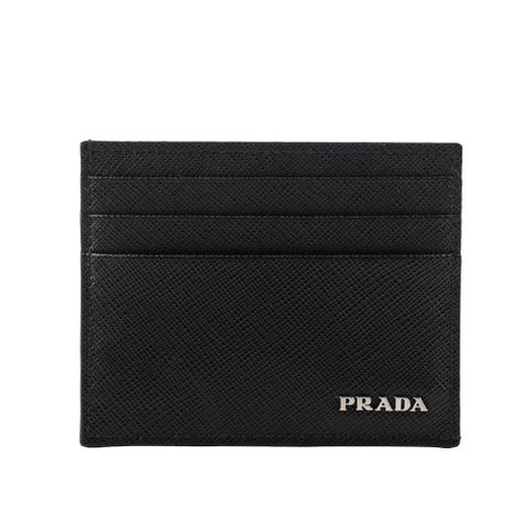 PRADA 普拉達 銀字Logo 防刮皮革卡片/名片夾(黑色)