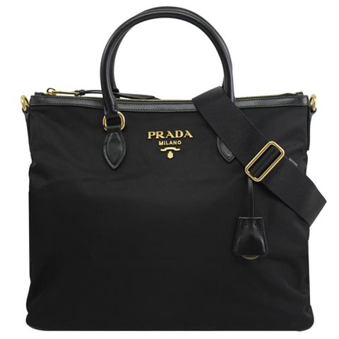 PRADA 普拉達 金字LOGO尼龍布皮飾邊手提兩用包.黑色