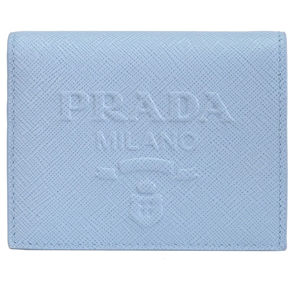 PRADA 普拉達  浮雕LOGO防刮對開零錢短夾.淺藍