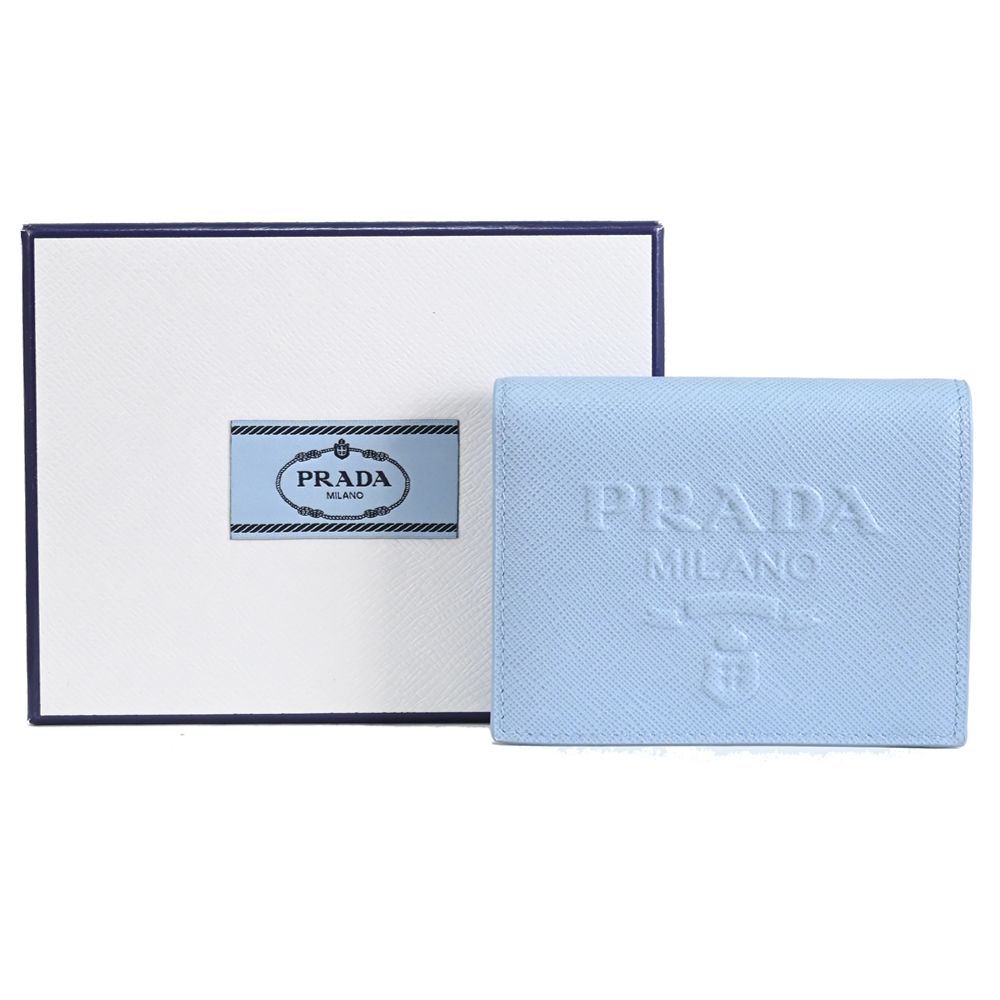 PRADA 普拉達  浮雕LOGO防刮對開零錢短夾.淺藍