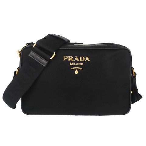 PRADA 品牌標誌黑尼龍布皮飾邊斜肩包