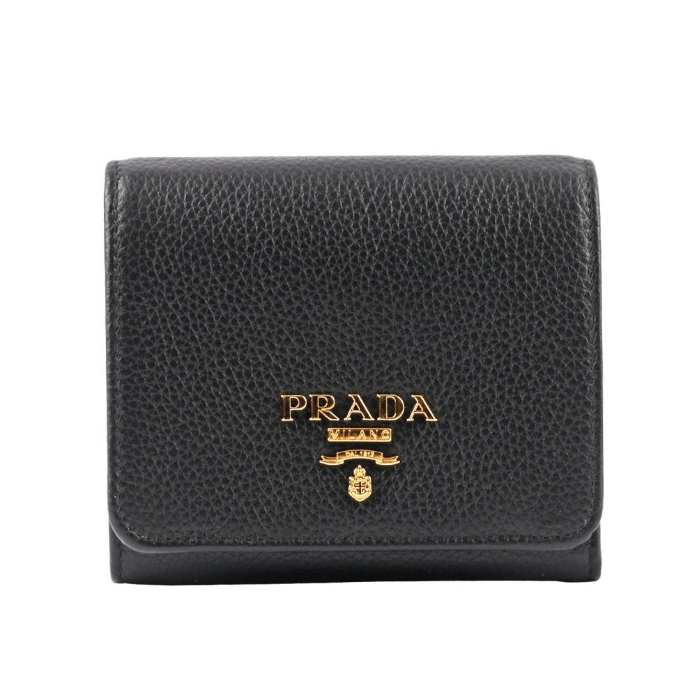 PRADA 普拉達  浮雕Logo 荔枝皮革暗釦三折短夾(黑色)