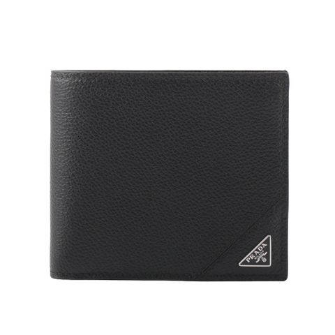 PRADA 銀色三角牌Logo 粒紋皮革對開零錢袋短夾(黑色) 2MO738 2CB2 F0002