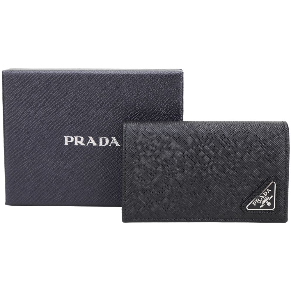 PRADA 普拉達 Saffiano 三角牌防刮牛皮釦式萬用卡片夾(黑色)