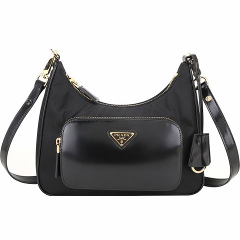 PRADA Re-Nylon 三角牌尼龍搭配拋光牛皮外袋半月包(黑色)