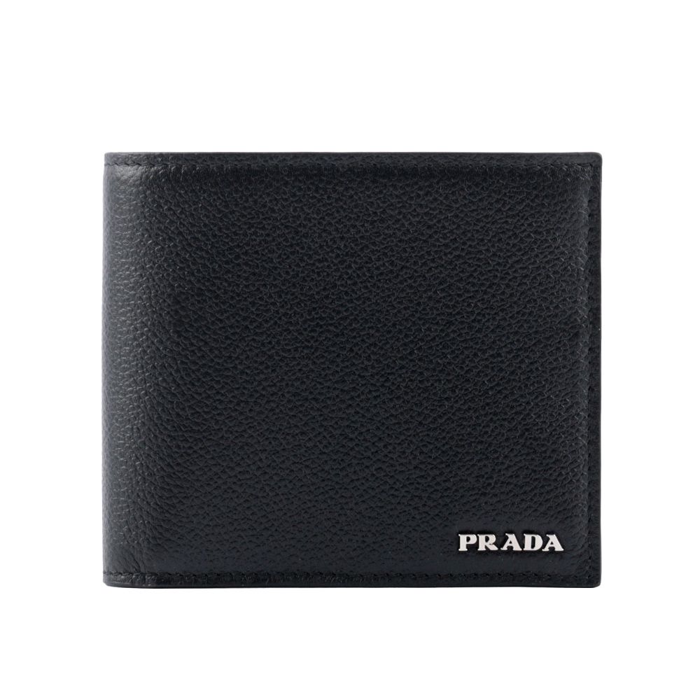 PRADA 普拉達 銀字Logo 粒紋牛皮內拼色對開8卡短夾(黑色/深藍色)