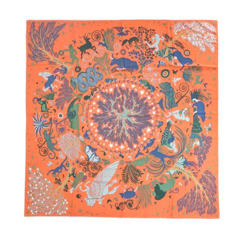 Hermes 愛馬仕 Sous le Charme d'Orphee 140 手工捲邊喀什米爾與真絲混紡方巾(橘/綠/藍)