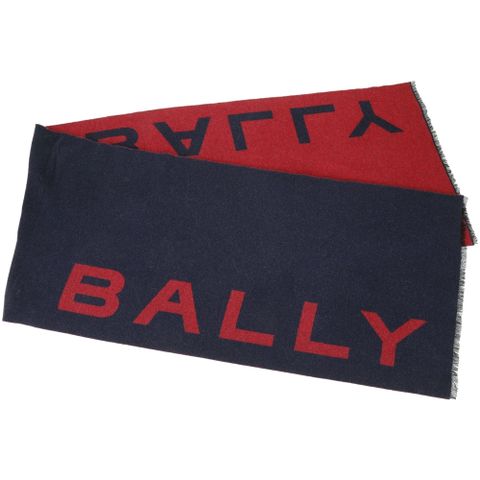 BALLY 字母標誌羊毛混紡雙面流蘇圍巾(紅色x深藍)