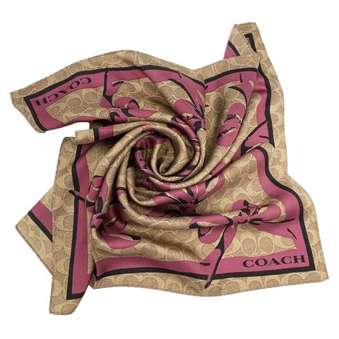 COACH 蔻馳 C LOGO蝴蝶結100%蠶絲絲巾方巾圍巾(焦糖/無花果紫)