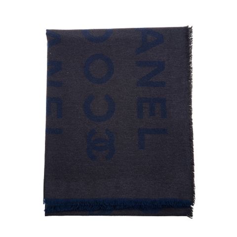 CHANEL 香奈兒 經典大CC LOGO羊絨圍巾 (藍色/灰色)