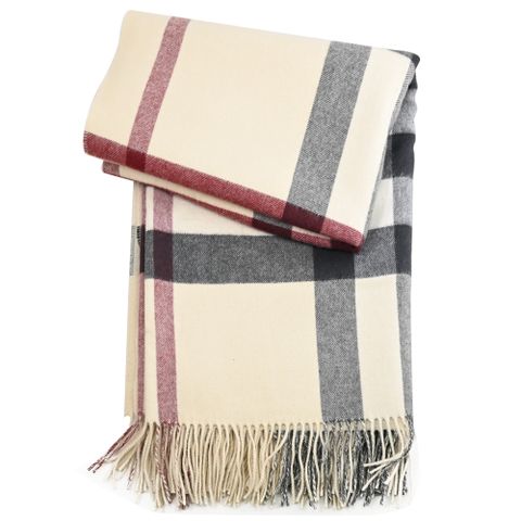 BURBERRY 8077907 經典格紋撞色羊毛圍巾/披肩/毛毯.米白