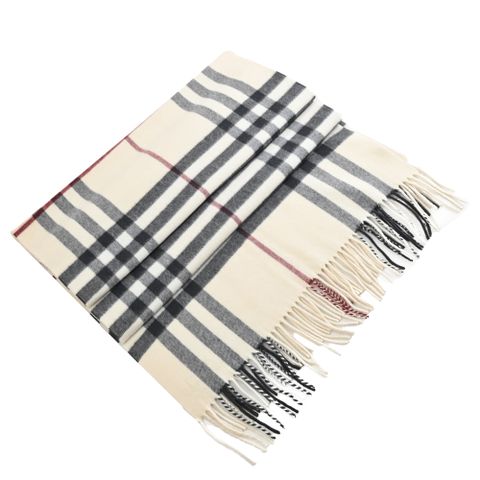 BURBERRY 8073486 英式格紋雙面羊毛長圍巾/披肩.米白