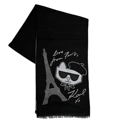 KARL LAGERFELD 卡爾 水鑽鐵塔貓咪圖樣長圍巾.黑