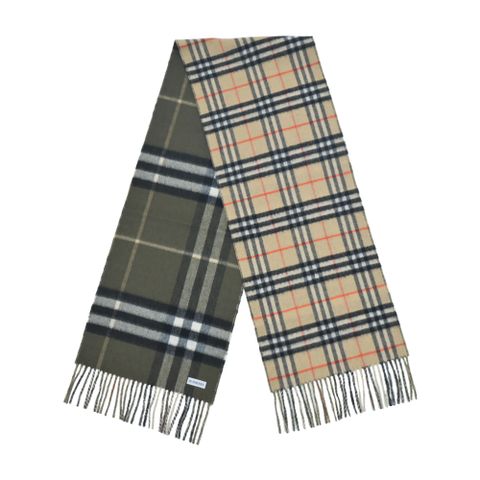 BURBERRY雙色拼接格紋羊絨圍巾(沙色/湖水綠)