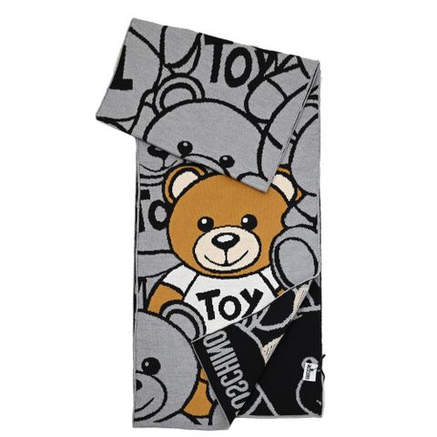 MOSCHINO 30778 M2950 滿版小熊大圖案羊毛針織長圍巾.灰
