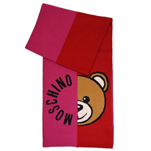 MOSCHINO 30780 M2954 二分之一LOGO拼接小熊混羊毛針織長圍巾.桃/紅