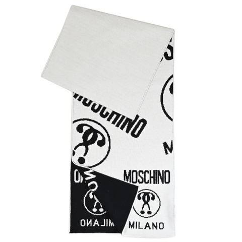 MOSCHINO 品牌大LOGO混羊毛針織長圍巾.黑/白