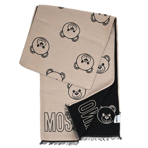 MOSCHINO 30763 M2992 滿版小熊羊毛長圍巾.黑/淺褐色