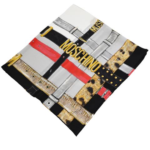 MOSCHINO 品牌皮帶圖案方型絲巾.黑白