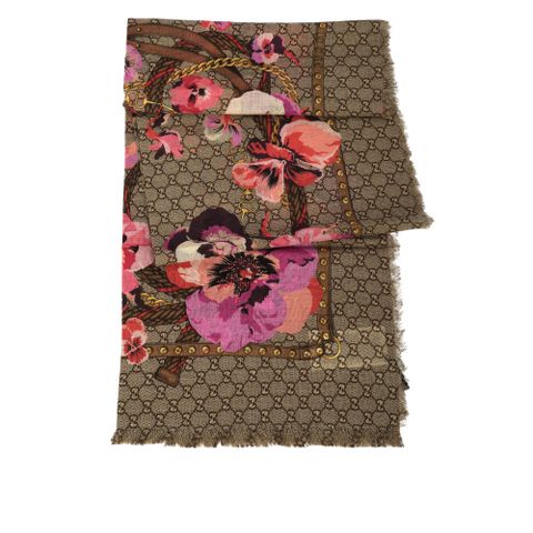 GUCCI GG Logo 花卉圖案羊毛披肩/圍巾(米色/紫紅色) 508797 3G200 5879