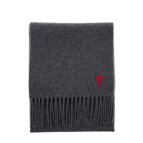 AMI PARIS 經典品牌紅色小愛心LOGO羊絨流蘇圍巾 (灰色)