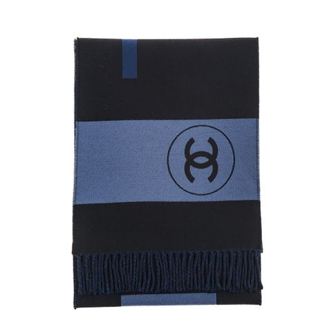 CHANEL 香奈兒 新款撞色大雙C LOGO流蘇羊毛披肩/圍巾 (黑色/藍色/灰色)