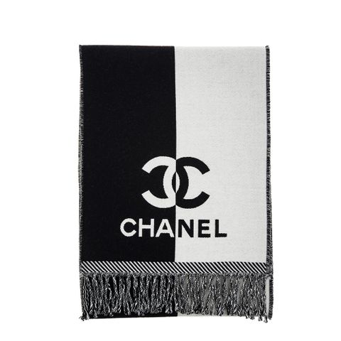 CHANEL香奈兒 經典雙色雙C LOGO羊毛流蘇圍巾 (黑白)