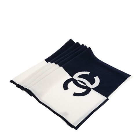 CHANEL香奈兒 新款雙C 雙色大LOGO喀什米爾大圍巾/披肩 (海軍藍/白色)
