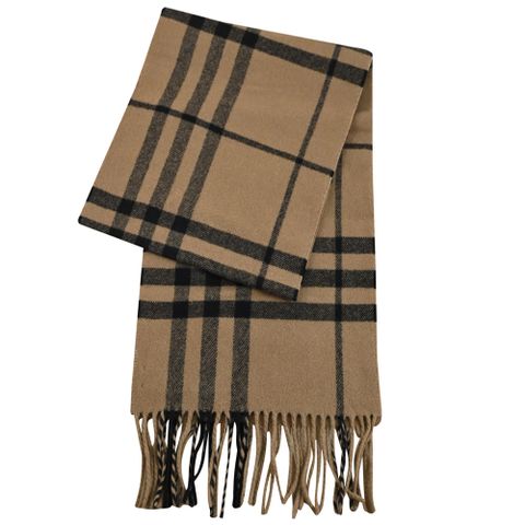 BURBERRY 8089956 經典撞色格紋流蘇羊毛長圍巾.咖/黑