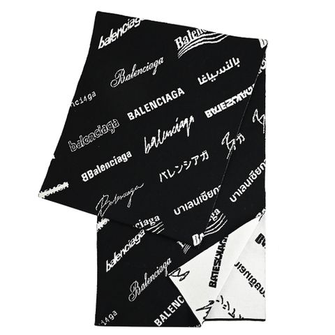 BALENCIAGA 巴黎世家 724701 標誌印花撞色混羊毛長圍巾.黑/白