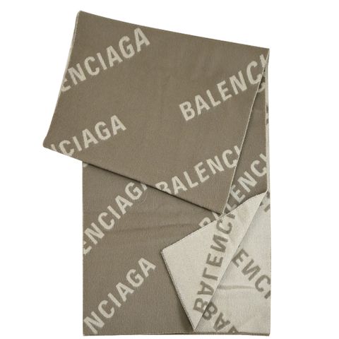 BALENCIAGA 巴黎世家 685514 經典LOGO雙面撞色羊毛長圍巾.淺褐色