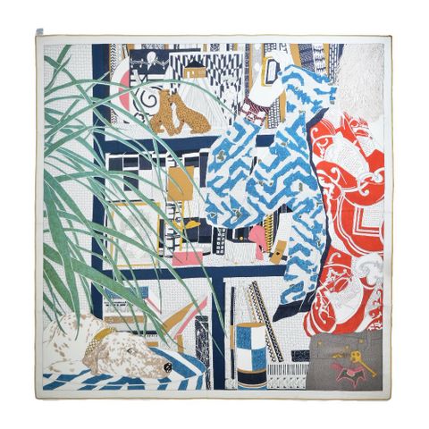 Hermes 愛馬仕 Rendez-Vous Chez 140手工捲邊羊絨真絲披肩(藍色 / 綠色 / 紅色)