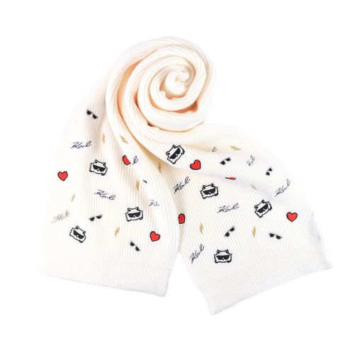 KARL LAGERFELD 羅紋刺繡針織圍巾-白色