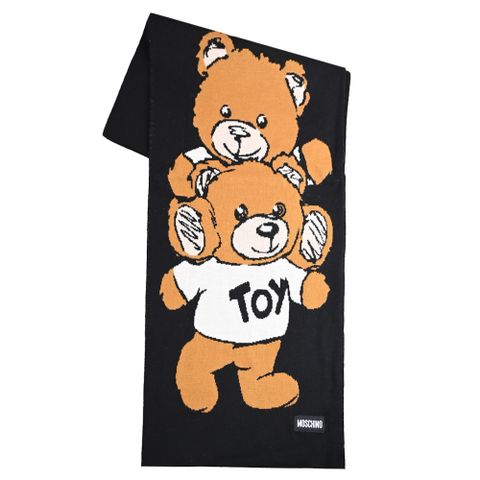 MOSCHINO 30809 M3142 電繡標籤小熊插畫羊毛混紡長圍巾.黑