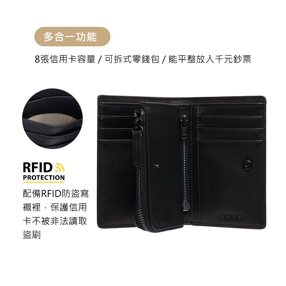 多合一功能8張信用卡容量/可拆式零錢包/能平整放入千元鈔票RFID PROTECTION配備RFID防盜寫襯裡,保護信用卡不被非法讀取盜刷