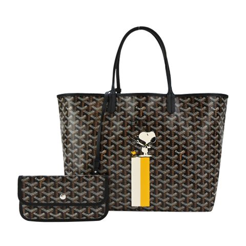 GOYARD 高雅德 SNOOPY 聯名款條紋塗料帆布LOGO子母購物包-小/黑/白黃