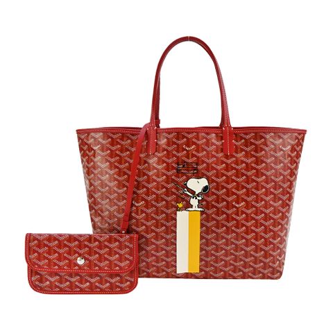 GOYARD 高雅德 SNOOPY 聯名款條紋塗料帆布LOGO子母購物包-小/紅/白黃