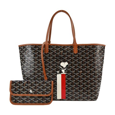 GOYARD 高雅德 SNOOPY 聯名款條紋塗料帆布LOGO子母購物包-小/黑棕/白