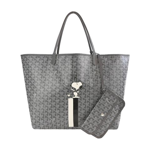 GOYARD STLOUI SNOOPY 聯名款條紋塗料帆布LOGO子母購物包-大/灰/白黑