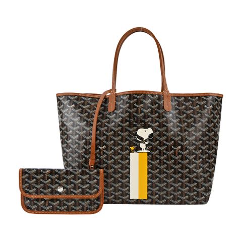 GOYARD 高雅德 SNOOPY 聯名款條紋塗料帆布LOGO子母購物包-小/黑棕/白黃