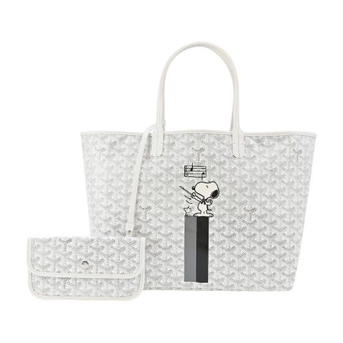 GOYARD 高雅德 SNOOPY 聯名款條紋塗料帆布LOGO子母購物包-小/白/灰黑