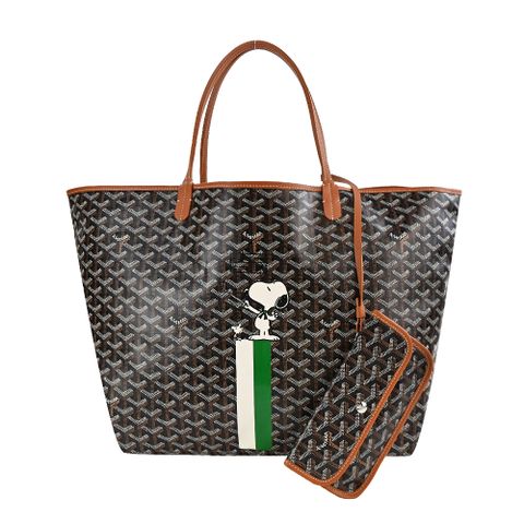 GOYARD STLOUI SNOOPY 聯名款條紋塗料帆布LOGO子母購物包-大/黑棕/白綠