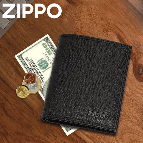 Zippo 【官方授權店】黑色十字壓紋三折皮夾(直立短款)