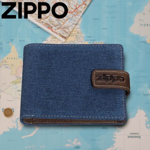 Zippo 【官方授權店】丹寧藍棕色雙折鈕扣皮夾