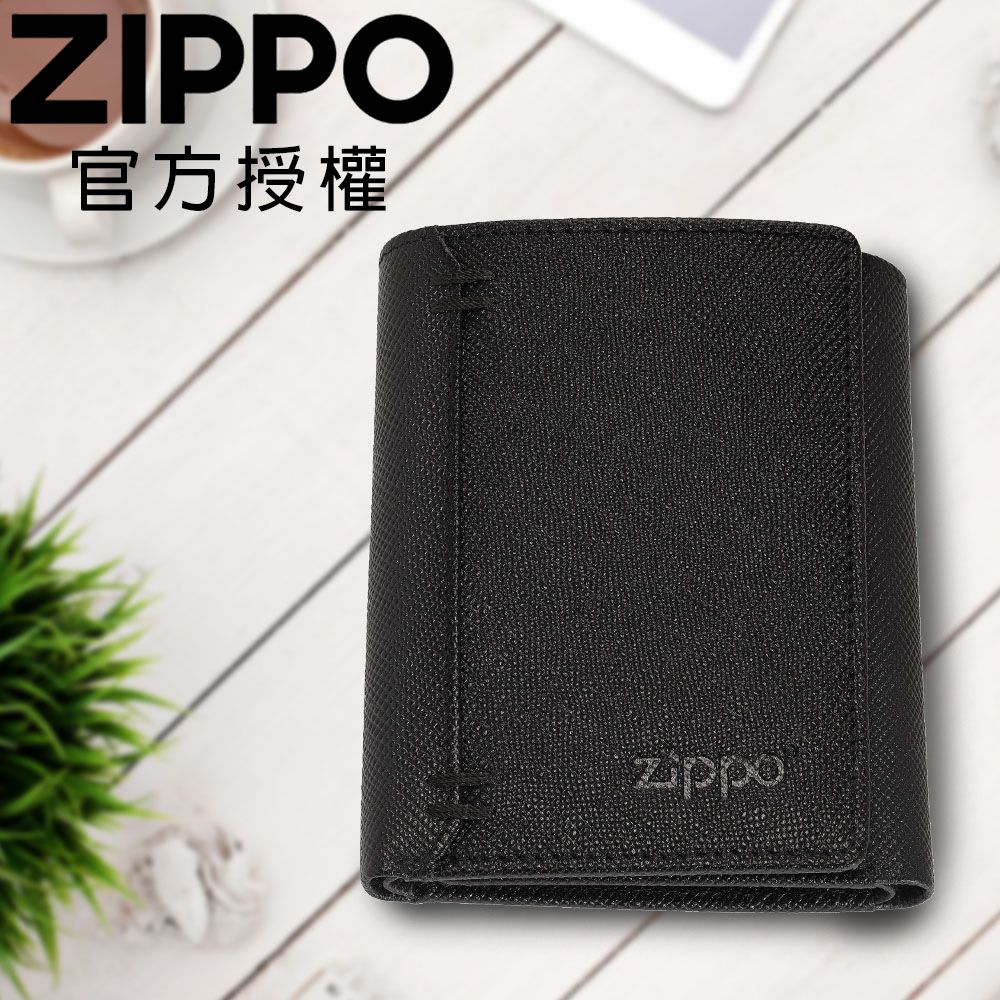 Zippo 【官方授權店】黑色十字壓紋三折皮夾(鈕扣款)