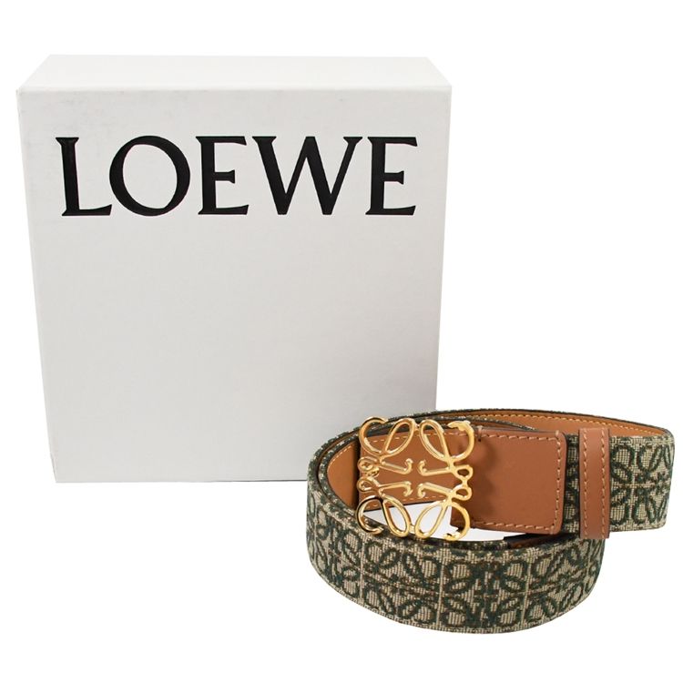 LOEWE 羅威  Anagram 金屬LOGO緹花帆布穿扣式皮帶.綠/咖