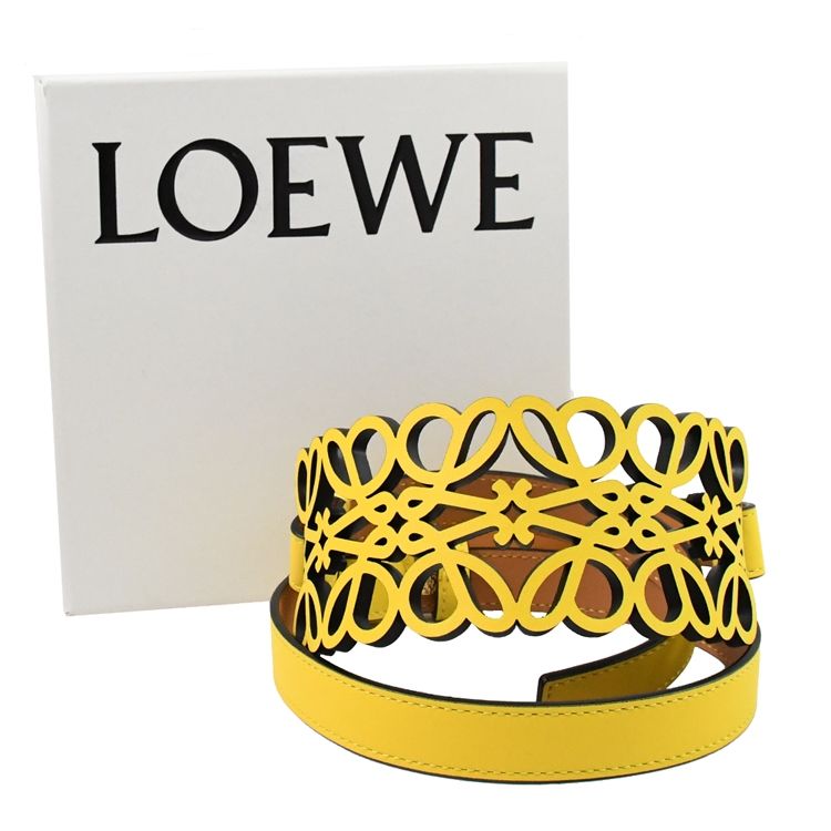 LOEWE 羅威  ANAGRAM 鏤空雕花小牛皮雙面穿扣式皮帶/腰封.黃